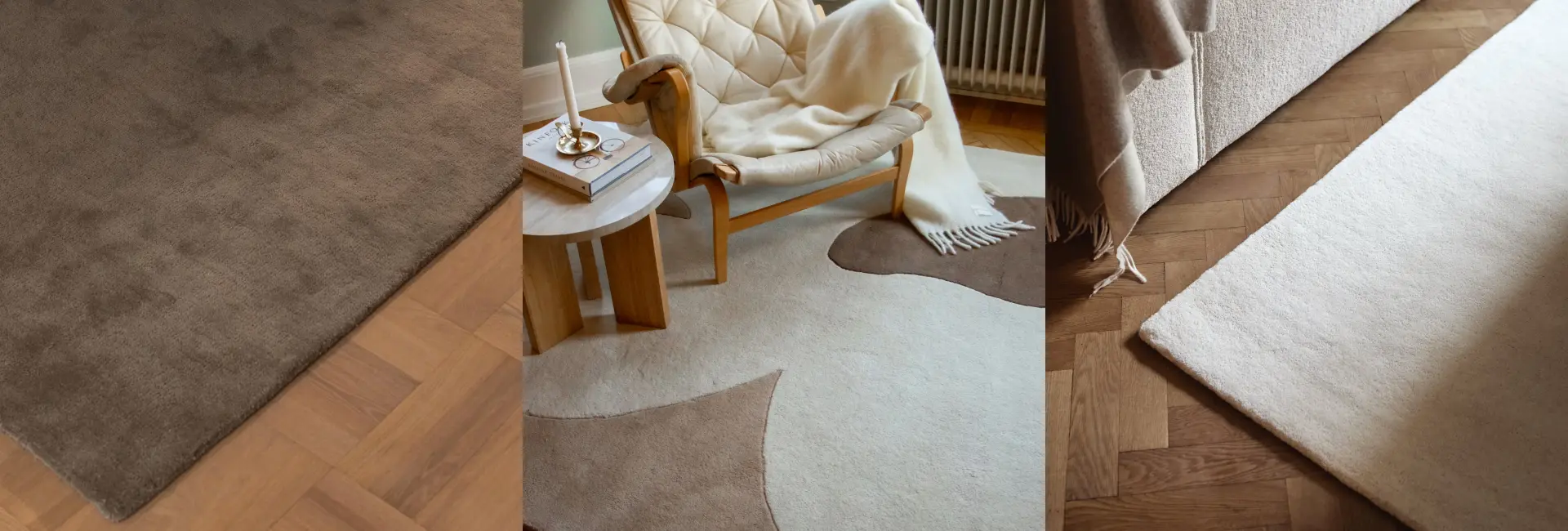 Three images showing different beige and brown rugs on wooden floors, including a close-up and a chair setup with a blanket.
